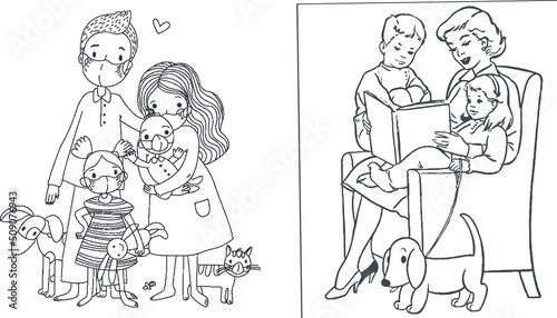 Parents and kids cartoon sketches illustration vector