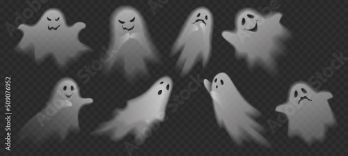 Halloween characters vector illustration. Cute scary ghosts phantoms on transparent alpha background set.