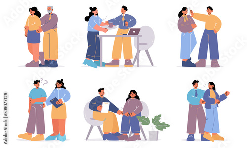 Sexual harassment at work concept. Employee abuse, bad behavior of men and women at workplace. Violence at job, unwanted advances, inappropriate touches in office, Flat vector line art illustration photo