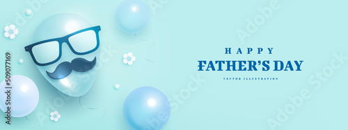 Father's Day horizontal poster or banner template with moustache, helium balloons and flowers on blue background. Vector illustrtation