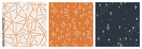 Celestial boho aesthetic moon, sun and star astronomy and astrology symbol seamless pattern set. Astral, horoscope vector background collection in terracotta, off-white and black neutral colors.