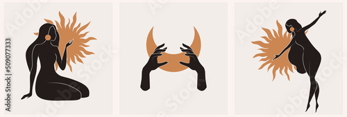 Mystical female hands logo in minimal linear style. Vector logo design. Templates with various hand gestures, moon, stars and crystals. For cosmetics, beauty, tattoo, spa, manicure, jewelry store