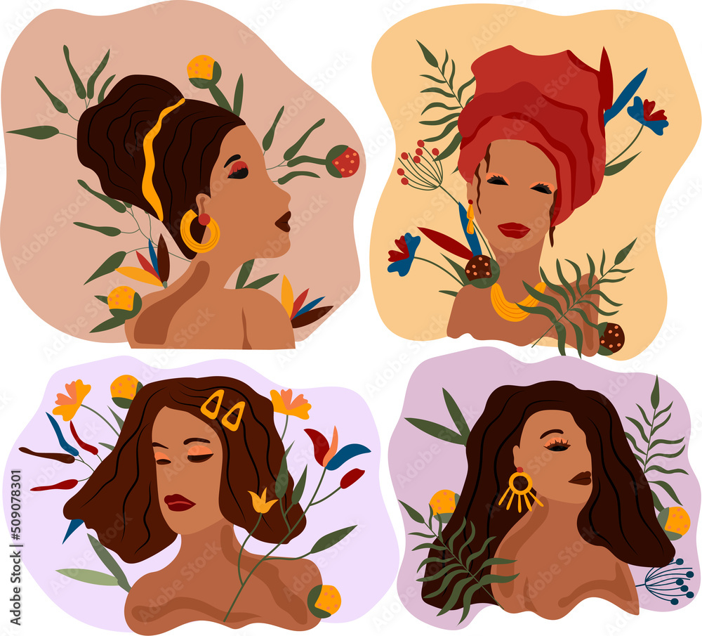 Fashionable womans with different hair style, flowers and leaves. Collection womans Portraits ideal for postcards, scrapbooking, posters. Trending art posters. Vector illustration. Fashionable womans with different hair style, flowers and leaves. Collection womans Portraits ideal for postcards, scrapbooking, posters. Trending art posters. Vector illustration.