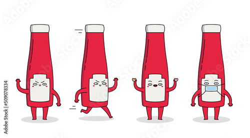 Cute ketchup cartoon character set 1 of waving hand, running, spreading love and wearing a mask