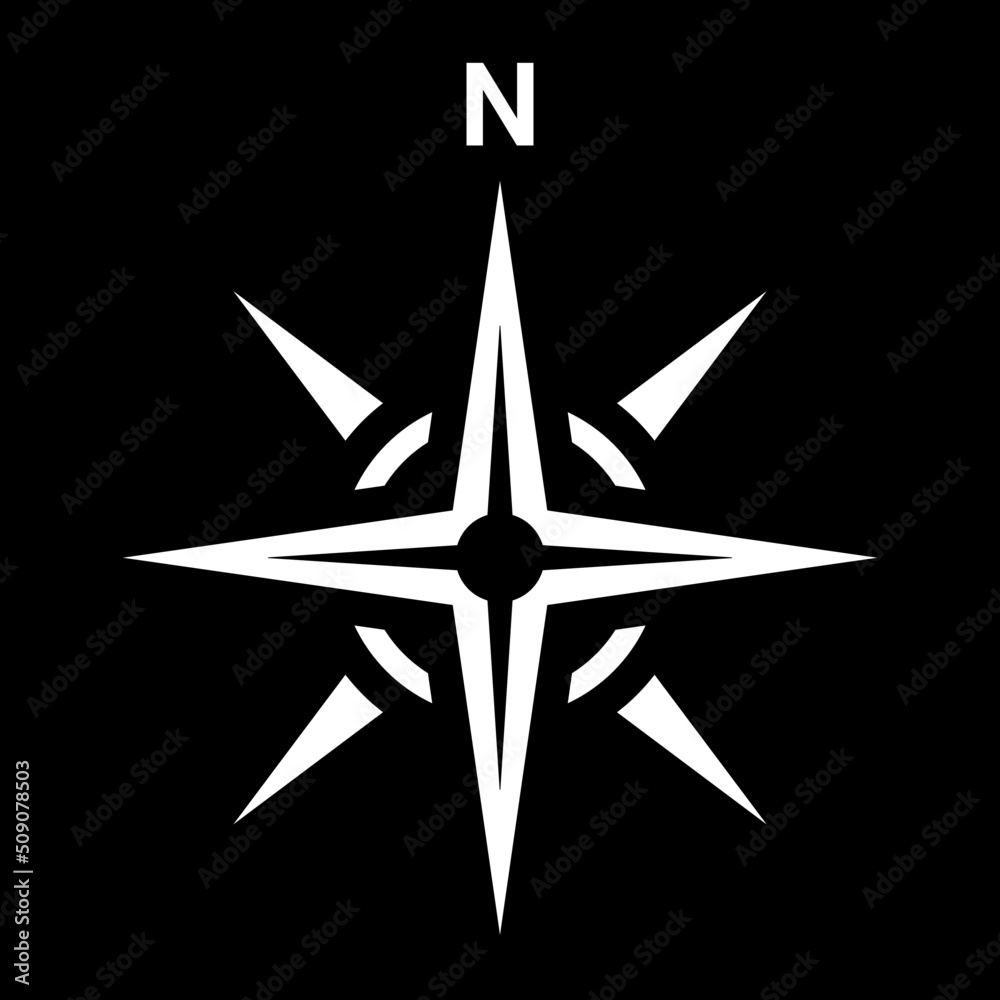  White north symbol on black background.