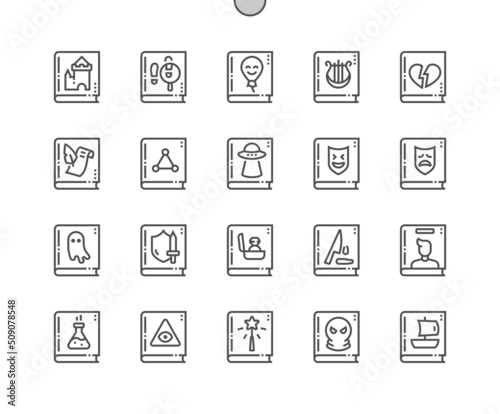 Literary genres books. Bookstore, reading, library content. Childrens literature, drama, tragedy, thriller and other. Pixel Perfect Vector Thin Line Icons. Simple Minimal Pictogram