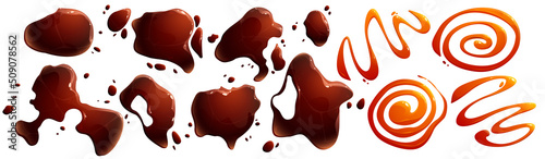 Spill soy or teriyaki hot sauces puddles and drippings. Isolated brown liquid drops top view on white background. Brown splatters, spilled asian condiment blobs, Cartoon vector illustration, set