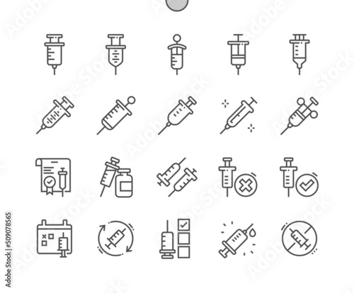 Medical syringe. Quality certificate. Health care and medicine. Monthly vaccination. Pixel Perfect Vector Thin Line Icons. Simple Minimal Pictogram