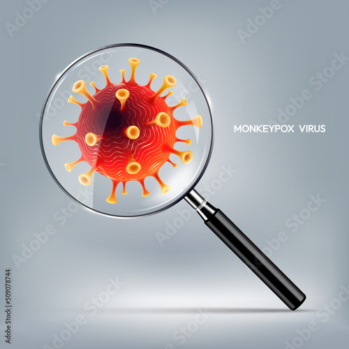 Monkeypox virus disease with magnifying glass. Monkey Pox virus outbreak search and screening concept, vector illustration