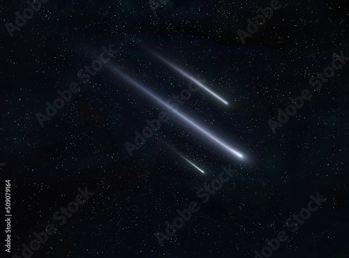 Meteor trails in the night sky, beautiful meteor shower. falling stars. Three meteorites burn up in the atmosphere. photo