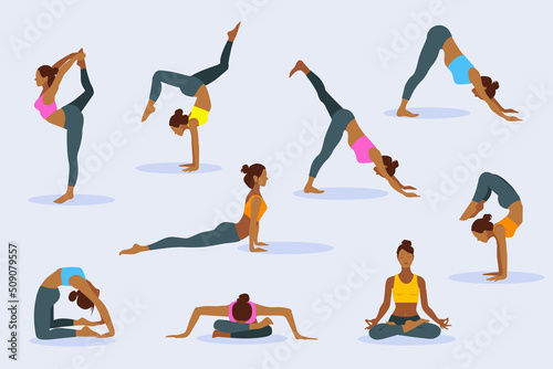Set of slim sportive young woman doing yoga or fitness exercises.