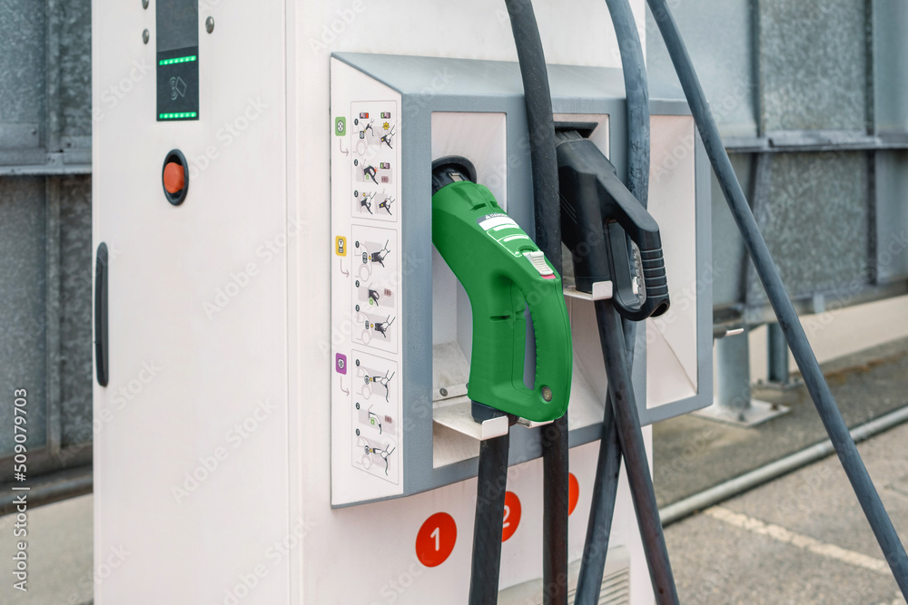Closeup of electric vehicle charging station ready to use Closeup of electric vehicle charging station ready to use