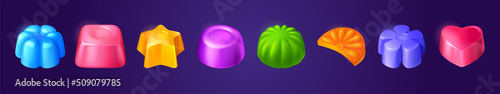 Jelly candies, game icons or ui buttons set. Funny cartoon assets for app design. Isolated colorful glossy sweets, gui graphic elements for user panel settings or menu interface 3d vector illustration