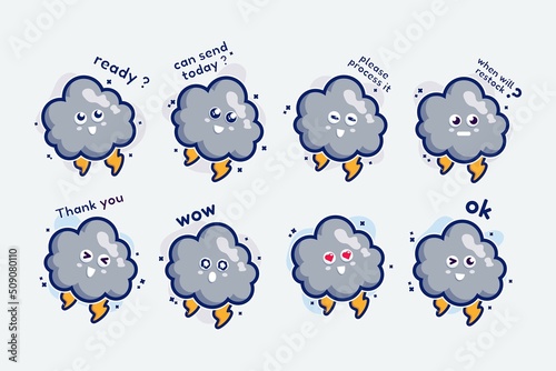cute character set bundle mascot and sticker design cloud for online shopping emoticon expression face and thunder storm cloud