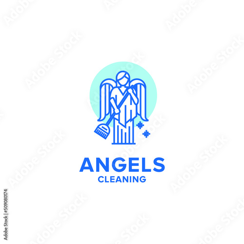 Angel Cleaning Cleaner Sweeping Fun Playful Logo Line Art