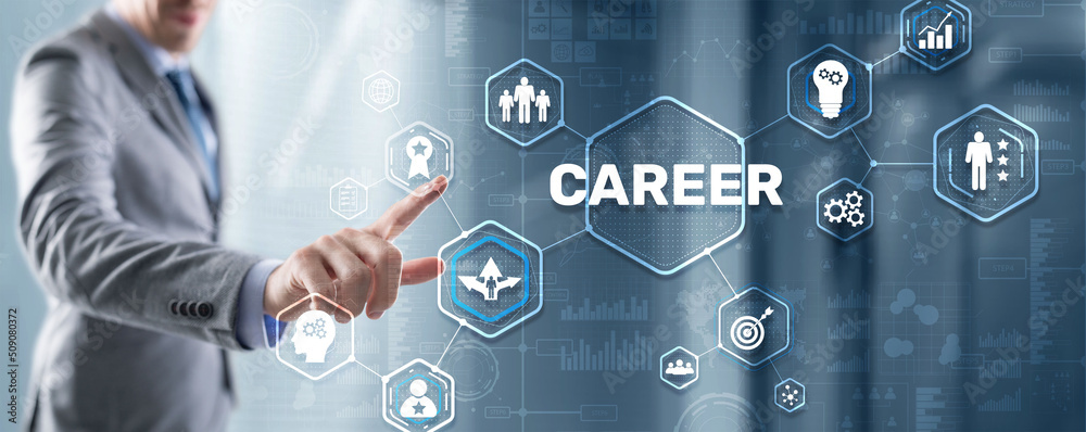 Career Inscription and people icons on virtual screen. Businessman pressing Career Career Inscription and people icons on virtual screen. Businessman pressing Career