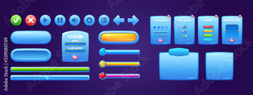 Game menu interface windows, cartoon options, settings, adventure plates with ui buttons, progress bars and gui elements. Blue glossy user panels with sliders, vector boards design templates set