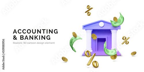 Bank building with percent sign and falling money gold coins and paper currency. Bank deposit interest rate offer