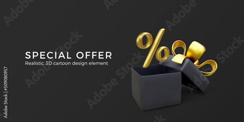 Big sale banner. Special offer and discount sale. Black open gift box with percent sign in gold color