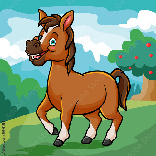 Cute horse cartoon isloated on wonderfull farm. Vector illustration