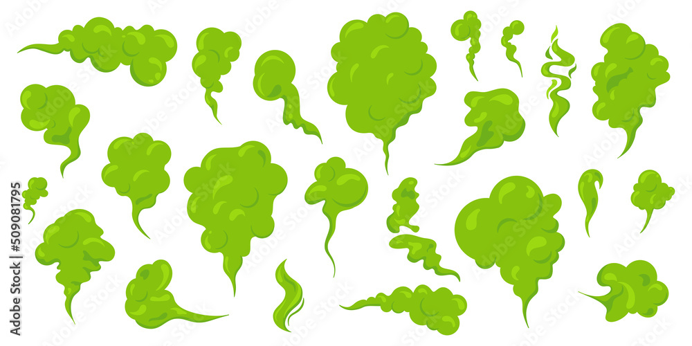Bad smeeling clouds set. Green fart toxic smoke. Cartoon stinky old nasty  odor fumes poison gas. Dirt aroma stench. Vector concept isolated on white  background Stock Vector | Adobe Stock