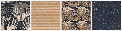 Boho aesthetic, spiritual symbols seamless pattern set with fortune teller's raised hands, holding sun and moon. Praying for peace, calmness and wellbeing bohemian style backgrounds with palms p.