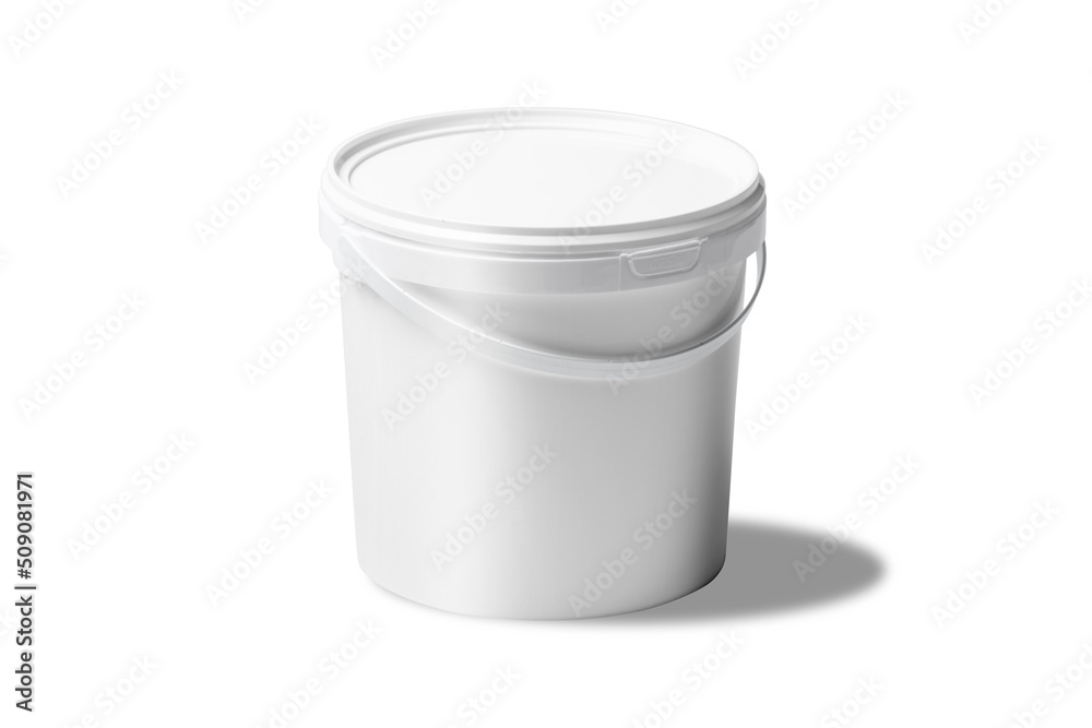 Blank White plastic bucket with a white lid. Product packaging For food, food or paint, adhesives, sealants, primer, putty. Mockup template for your design.3d rendering. Blank White plastic bucket with a white lid. Product packaging For food, food or paint, adhesives, sealants, primer, putty. Mockup template for your design.3d rendering.
