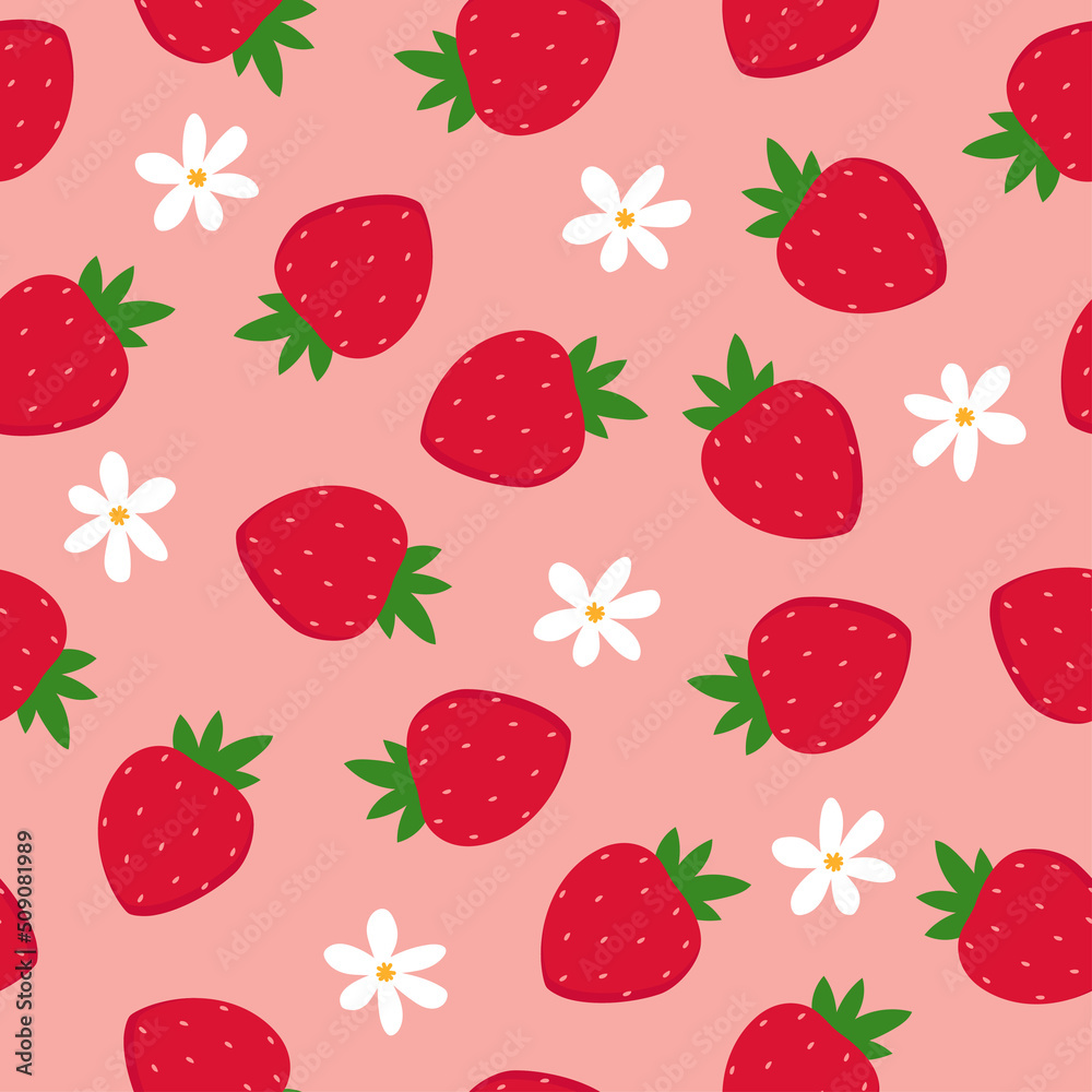 Seamless pattern of strawberries and flowers. Colorful fruit on pink background.