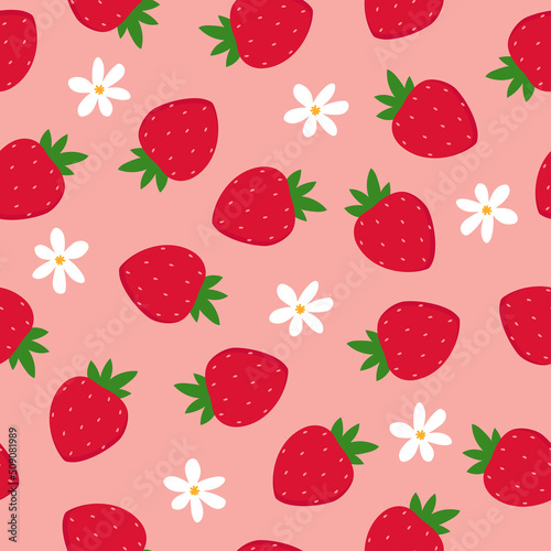 Seamless pattern of strawberries and flowers. Colorful fruit on pink background.
