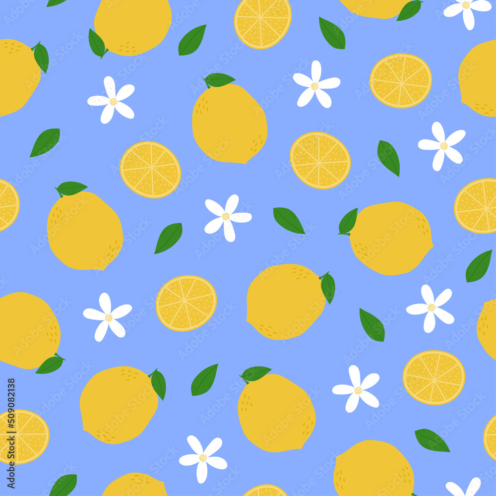 Lemon seamless pattern. Whole lemons, slices, leaves and flowers on blue background Lemon seamless pattern. Whole lemons, slices, leaves and flowers on blue background