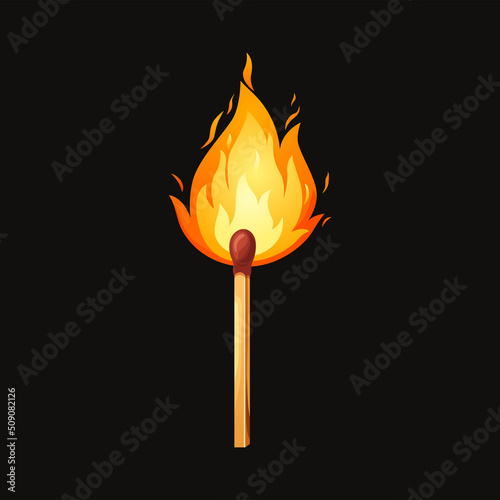 Burnt match stick with fire. Whole, ignite wooden matchstick. Cartoon safety isolated on black background. Vector