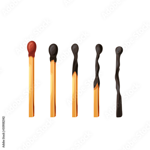 Burnt match stick with fire. Set of matchsticks with sulfur head flaming stages from ignition to extinction. Cartoon spark bonfire vector illustration