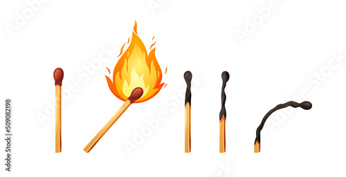 Burnt match stick with fire. Set of matchsticks with sulfur head flaming stages from ignition to extinction. Cartoon spark bonfire vector illustration