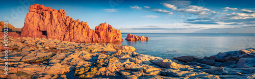 Poster of Red Rocks Beach, Arbatax. Amazing summer seascape of Mediterranean sea. Wonderful outdoor scene of Sardinia island, Italy Europe. Beauty of nature concept background.