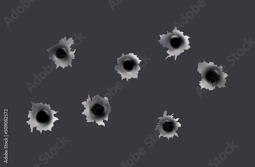 Bullet holes of gun or pistol. Shoot in metal single and double hole. Damage and cracks on surface. Vector isolated on background