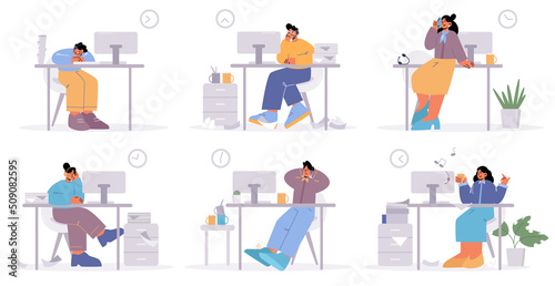 Lazy office workers procrastination, postpone work isolated set. Managers men and women sitting and lying at desk with pc, sleep, relax, speak by phone instead of job Line art flat vector illustration