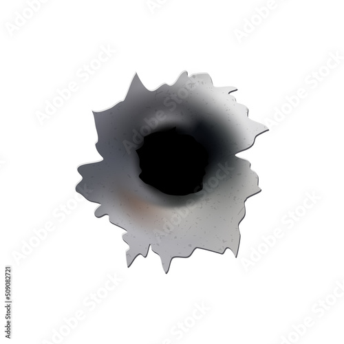 Bullet holes of gun or pistol. Shoot in metal single and double hole. Damage and cracks on surface. Vector isolated on background