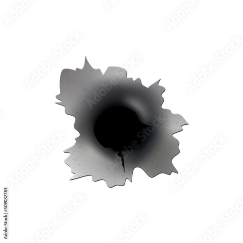 Bullet holes of gun or pistol. Shoot in metal single and double hole. Damage and cracks on surface. Vector isolated on background