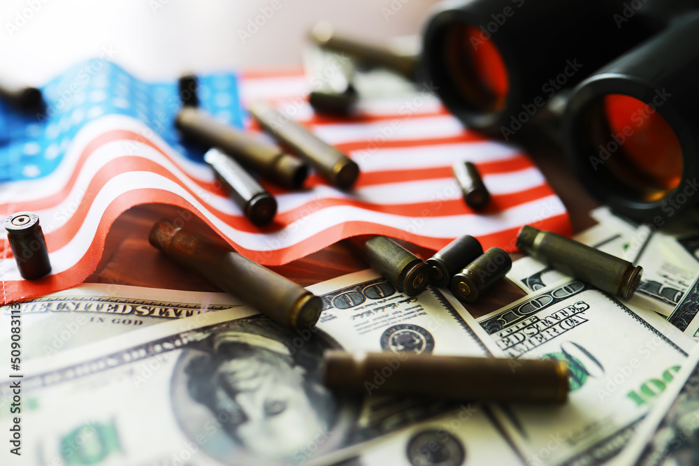 Fototapeta premium The concept of support in a military conflict. Solidarity. Politics. The flags are on the table.