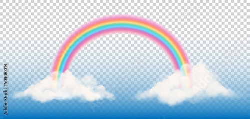 Fantasy rainbow with clouds on transparent background. Arched realistic spectrum. Vector.