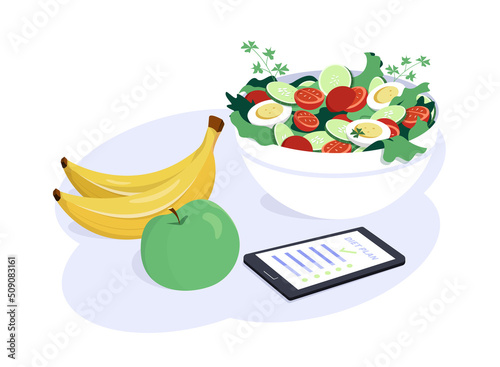 Diet plan with fresh salad and fruits