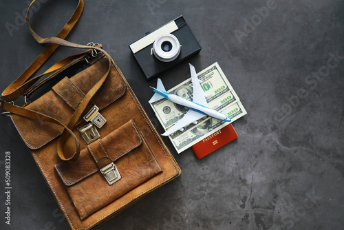 Travel concept. Travel bag with documents. Vacation set, documents, money.