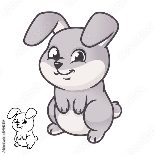 Cute Happy Baby Bunny Standing with Black and White Line Art Drawing