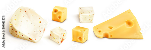 Fresh cheese blocks and triangle pieces isolated on white background. Vector realistic set of white soft cheese chunks with spices, red pieces of tomato and peppers