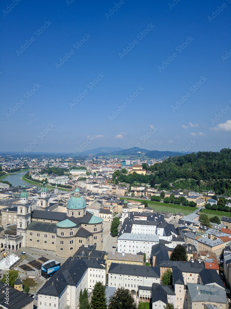 Salzburg, Austria - August 26, 2019: View of the architecture of the city of Salzburg and the river from the Hohensalzburg Fortress. Copy space