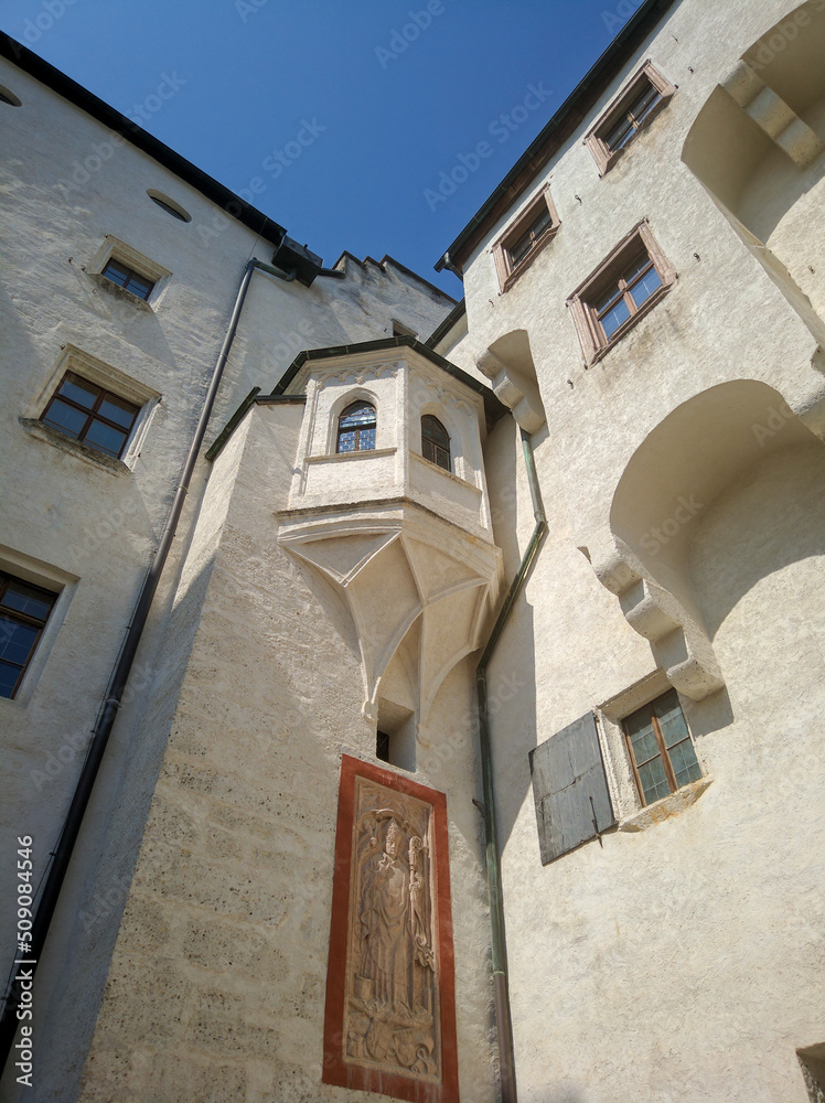 Salzburg, Austria - August 26, 2019: View of the wall of St. George's Chapel in Hohensalzburg Fortress, Salzburg. Vertical