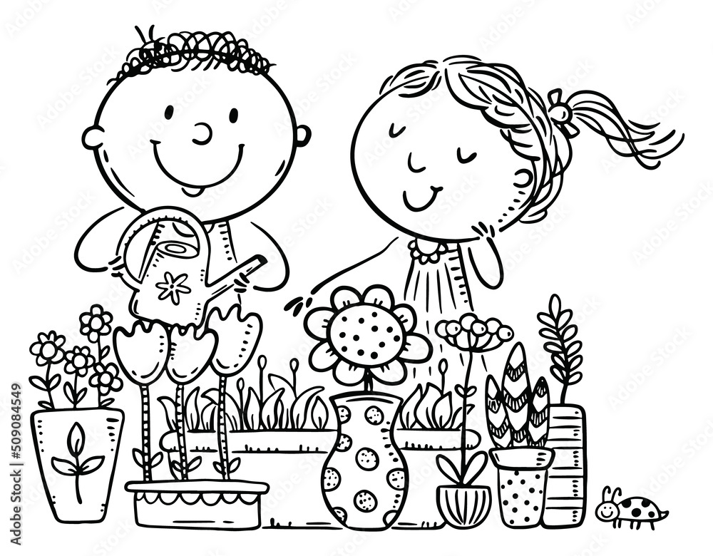 Outline cartoon young couple people watering flowers, love plant
