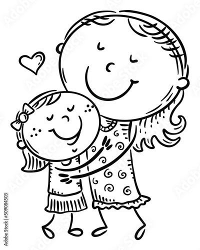 Black and white doodle family clipart - mother embracing child