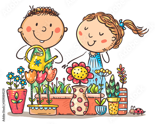 Illustration of doodle young couple people watering flowers, love plant