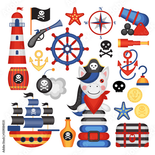 Set of vector cartoon stickers on a nautical pirate theme. Children's holiday, kids' party, stickers, games, baby shower, scrapbooking.